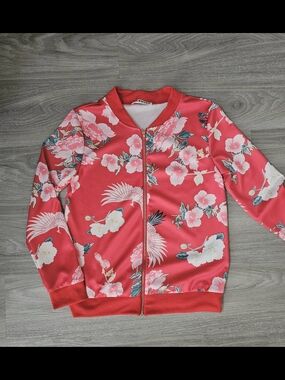 Red Floral Satin Bomber Jacket